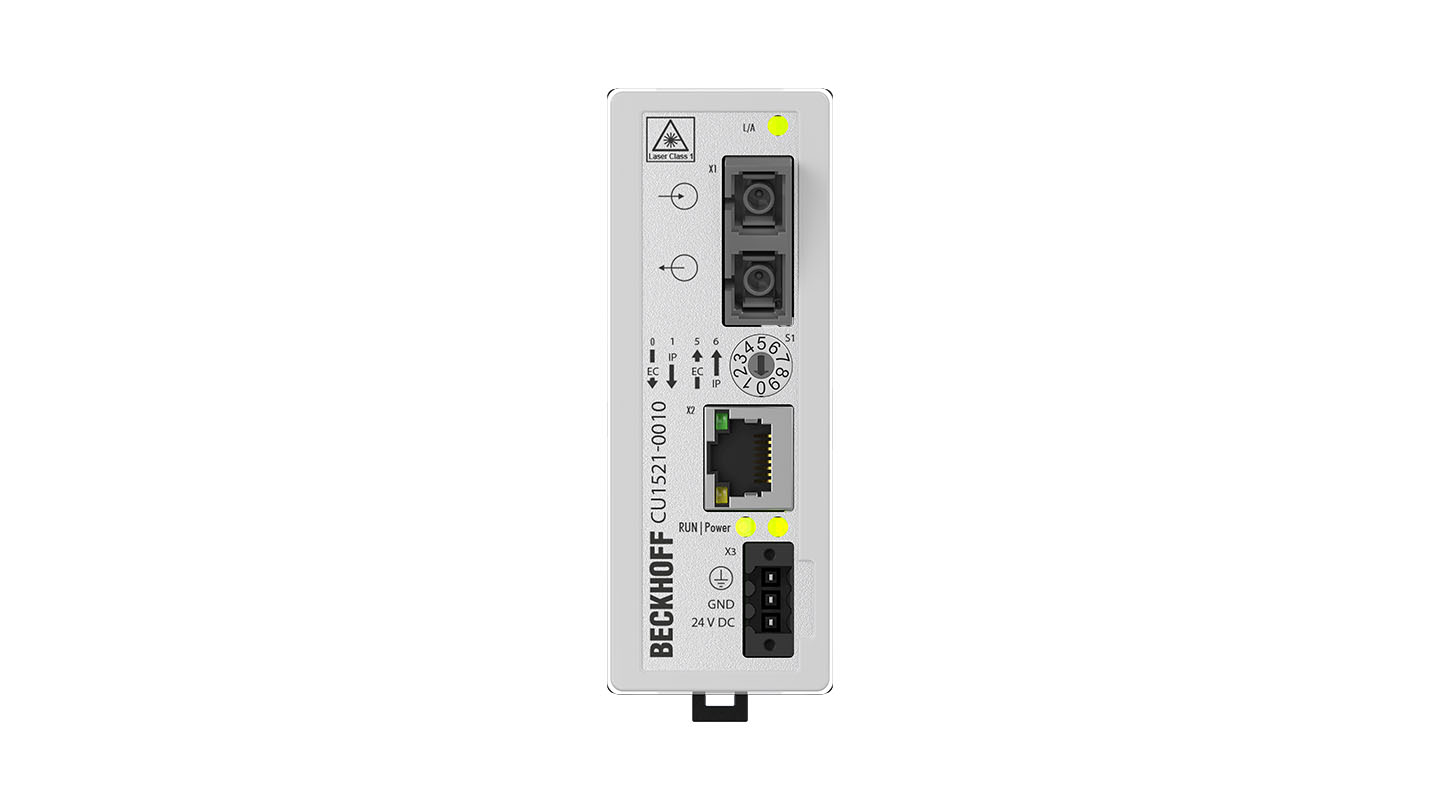 CU1521-0010 | Infrastructure, media converter, Ethernet/EtherCAT, 100 Mbit/s, 24 V DC, fiber optic single-mode