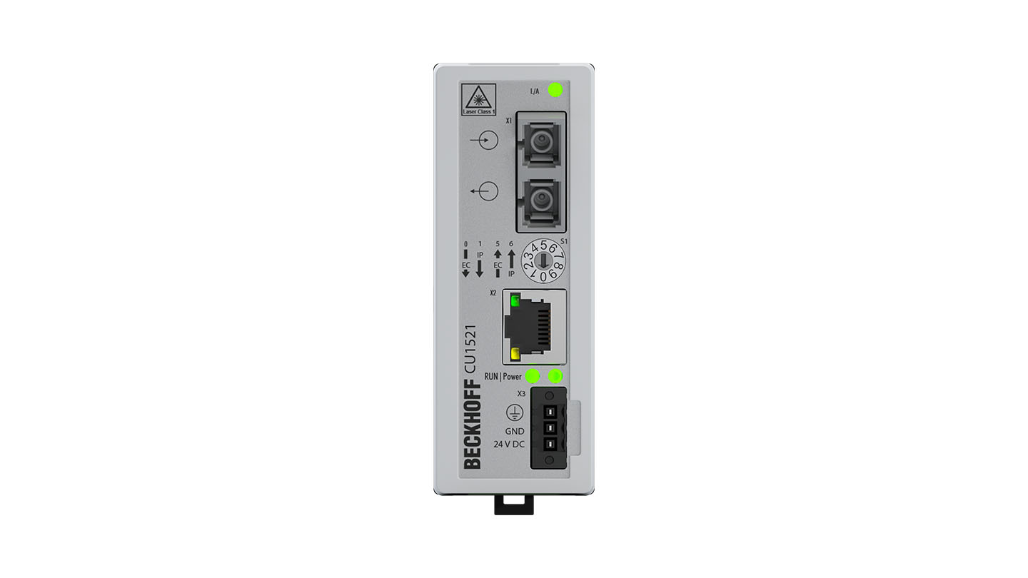 CU1521 | Infrastructure, media converter, Ethernet/EtherCAT, 100 Mbit/s, 24 V DC, fiber optic multi-mode