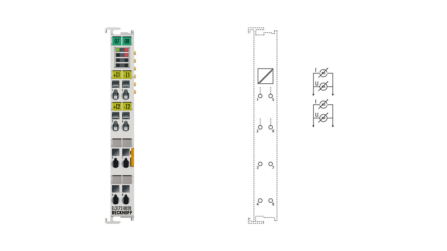 EL3172-0020 | EtherCAT Terminal, 2-channel analog input, multi-function, ±10 V, ±20 mA, 16 bit, differential, electrically isolated, factory calibrated