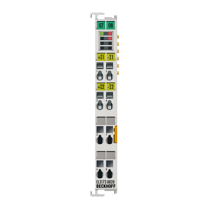 EL3172-0020 | EtherCAT Terminal, 2-channel analog input, multi-function, ±10 V, ±20 mA, 16 bit, differential, electrically isolated, factory calibrated