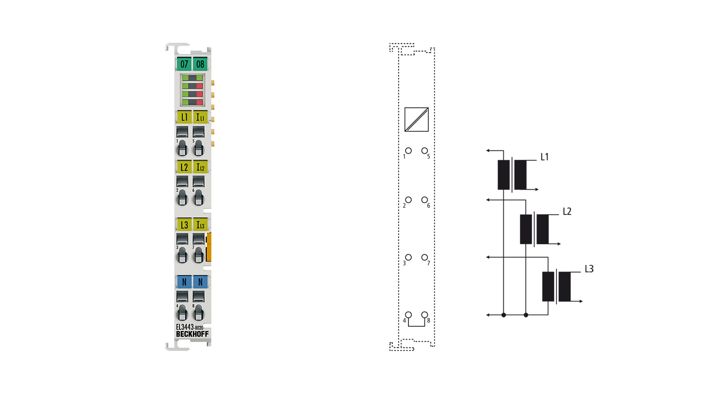 EL3443-0020 | EtherCAT-Klemme, 3-Kanal-Analog-Eingang, Leistungsmessung, 480 V AC/DC, 1 A, 24 Bit, werkskalibriert