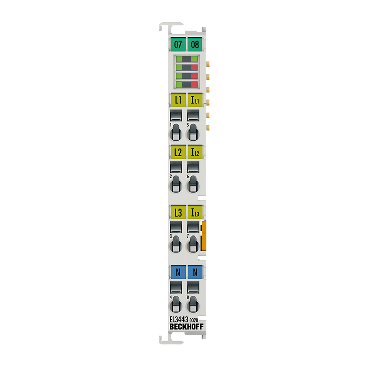 EL3443-0020 | EtherCAT Terminal, 3-channel analog input, power measurement, 480 V AC/DC, 1 A, 24 bit, factory calibrated