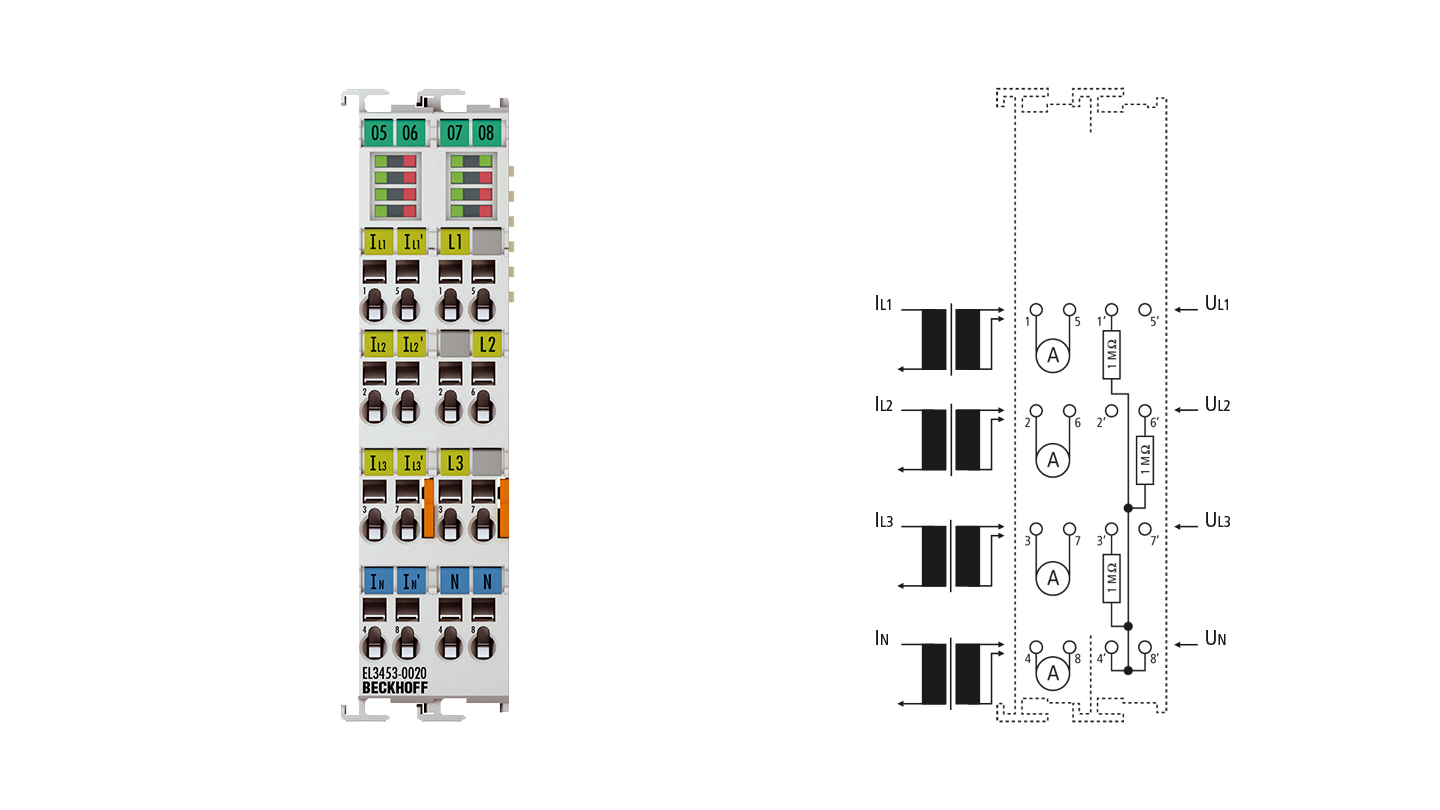 EL3453-0020 | EtherCAT Terminal, 3-channel analog input, power measurement, 690 V AC, 0.1/1/5 A, 24 bit, electrically isolated, factory calibrated