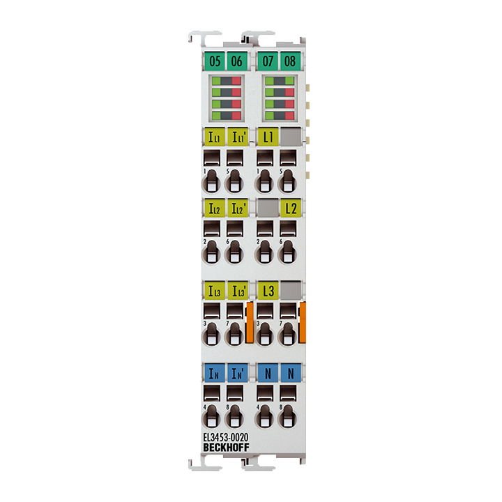 EL3453-0020 | EtherCAT Terminal, 3-channel analog input, power measurement, 690 V AC, 0.1/1/5 A, 24 bit, electrically isolated, factory calibrated