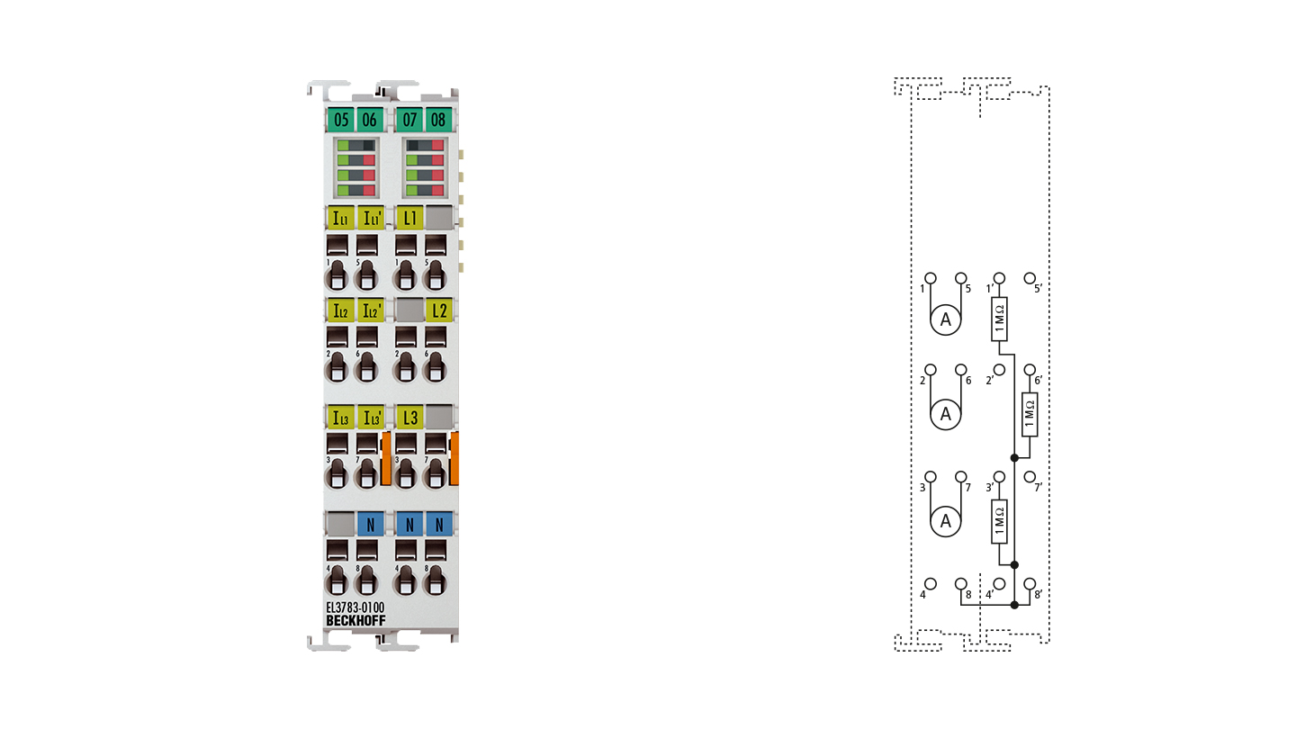 EL3783-0100 | EtherCAT Terminal, 3-channel analog input, multi-function, 130 V AC, 1/5 A, 16 bit, 20 ksps, electrically isolated, oversampling