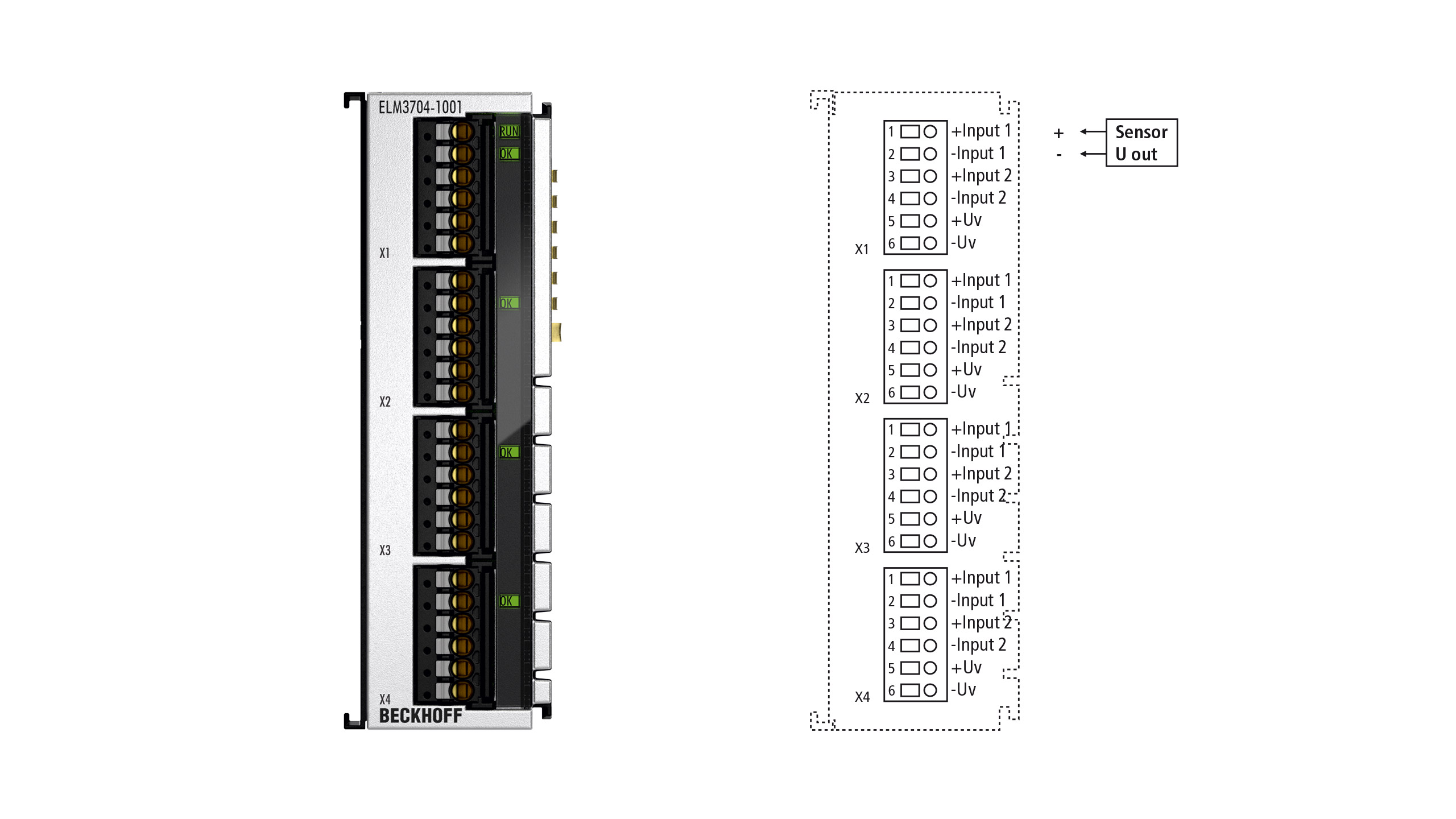 ELM3704-1001 | EtherCAT 端子模块，4 通道模拟量输入，多功能，24 位，10 ksps，TC 补偿