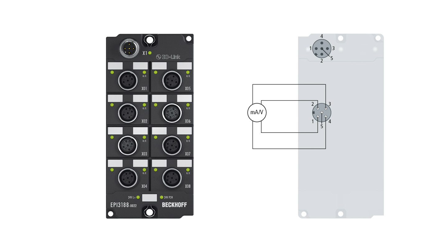 EPI3188-0022 | IO-Link-Box, 8-Kanal-Analog-Eingang, Multifunktion, ±10 V, 0/4…±20 mA, 16 Bit, single-ended, M12