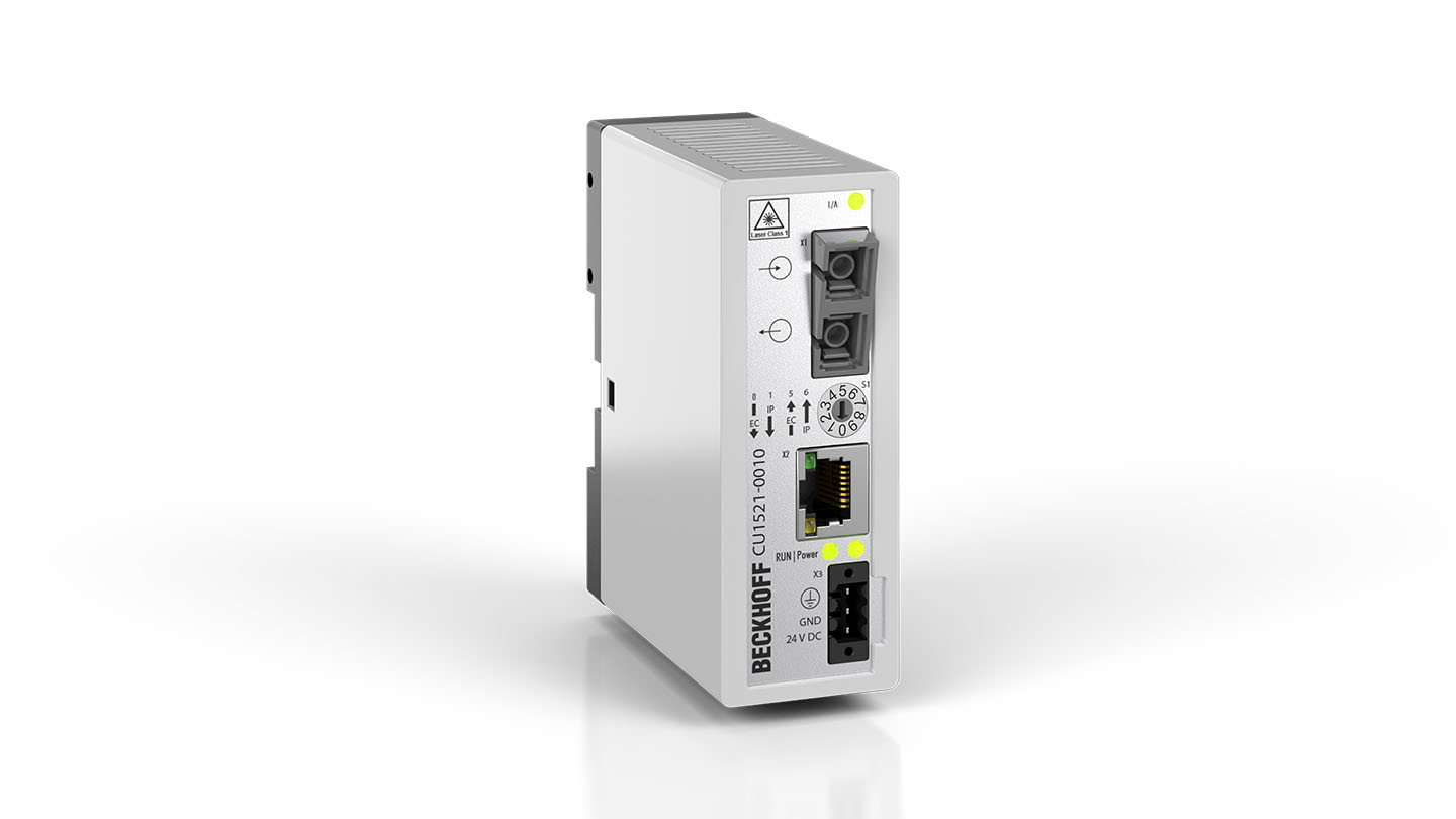 CU1521-0010 | Infrastructure, media converter, Ethernet/EtherCAT, 100 Mbit/s, 24 V DC, fiber optic single-mode