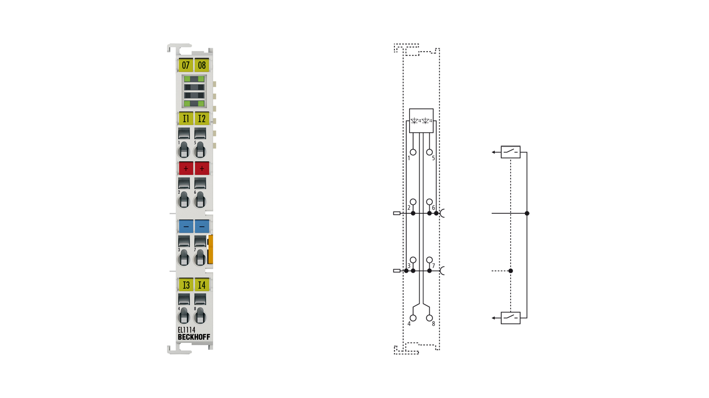 EL1114 | EtherCAT-Klemme, 4-Kanal-Digital-Eingang, 24 V DC, 10 µs, 2-/3-Leiteranschluss