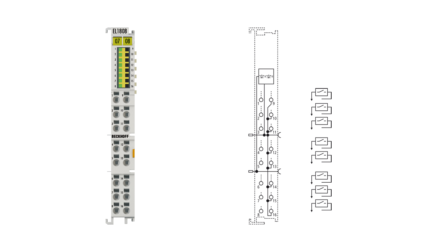 EL1808 | EtherCAT-Klemme, 8-Kanal-Digital-Eingang, 24 V DC, 3 ms, 2-Leiteranschluss