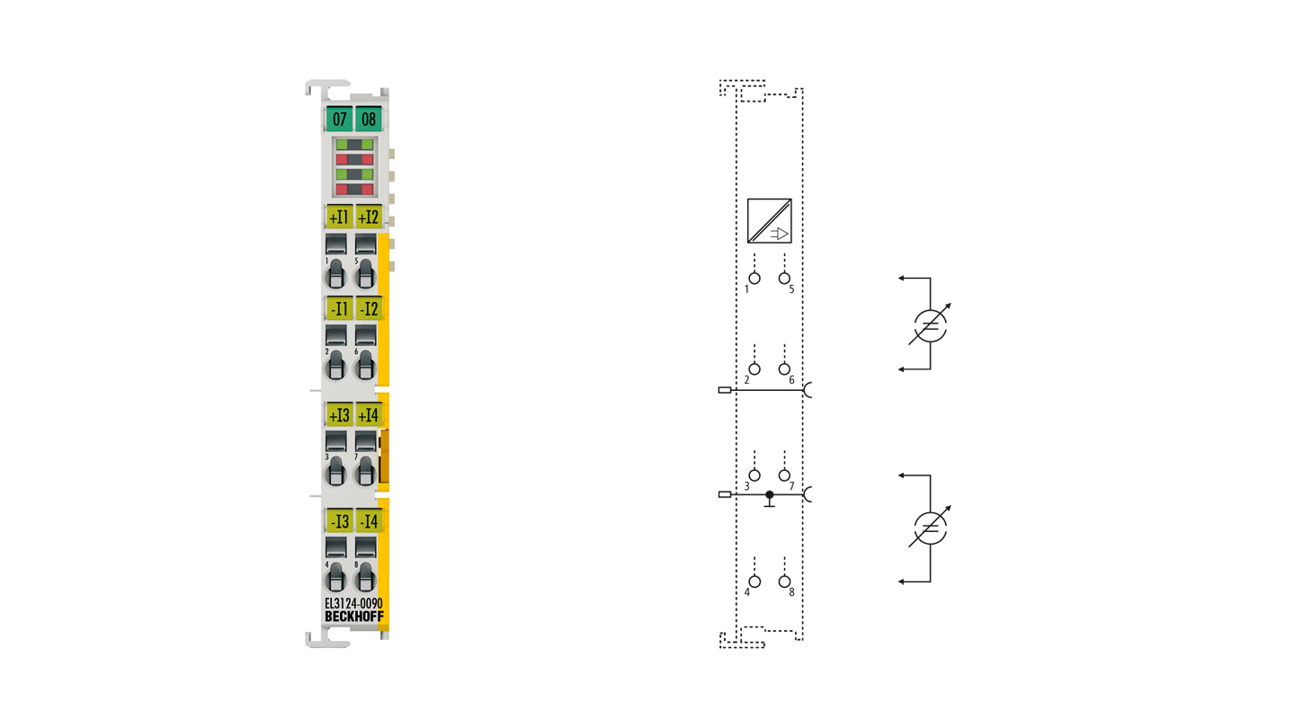 EL3124-0090 | EtherCAT-Klemme, 4-Kanal-Analog-Eingang, Strom, 4…20 mA, 16 Bit, differentiell, TwinSAFE SC