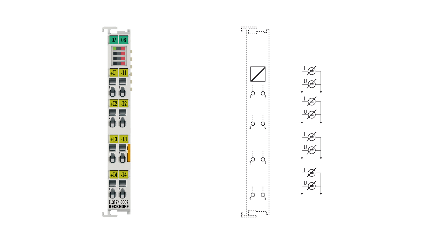 EL3174-0002 | EtherCAT Terminal, 4-channel analog input, multi-function, ±10 V, ±20 mA, 16 bit, differential, electrically isolated