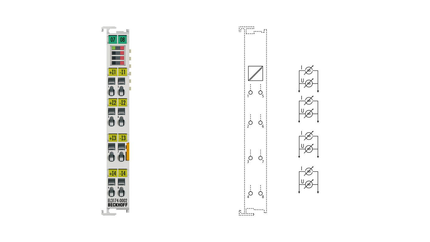 EL3174-0002 | EtherCAT-Klemme, 4-Kanal-Analog-Eingang, Multifunktion, ±10 V, ±20 mA, 16 Bit, differentiell, galvanisch getrennt