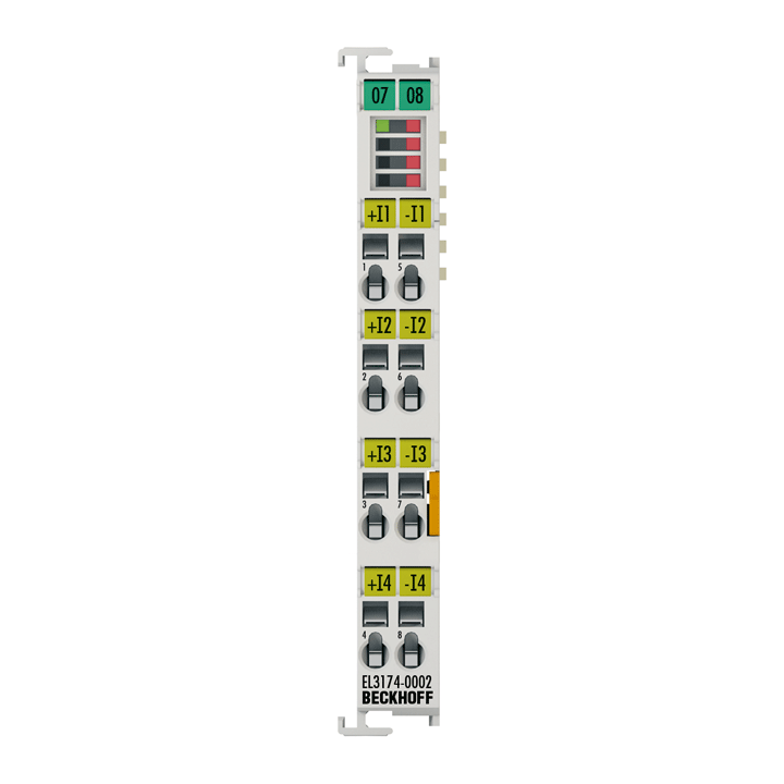 EL3174-0002 | EtherCAT Terminal, 4-channel analog input, multi-function, ±10 V, ±20 mA, 16 bit, differential, electrically isolated