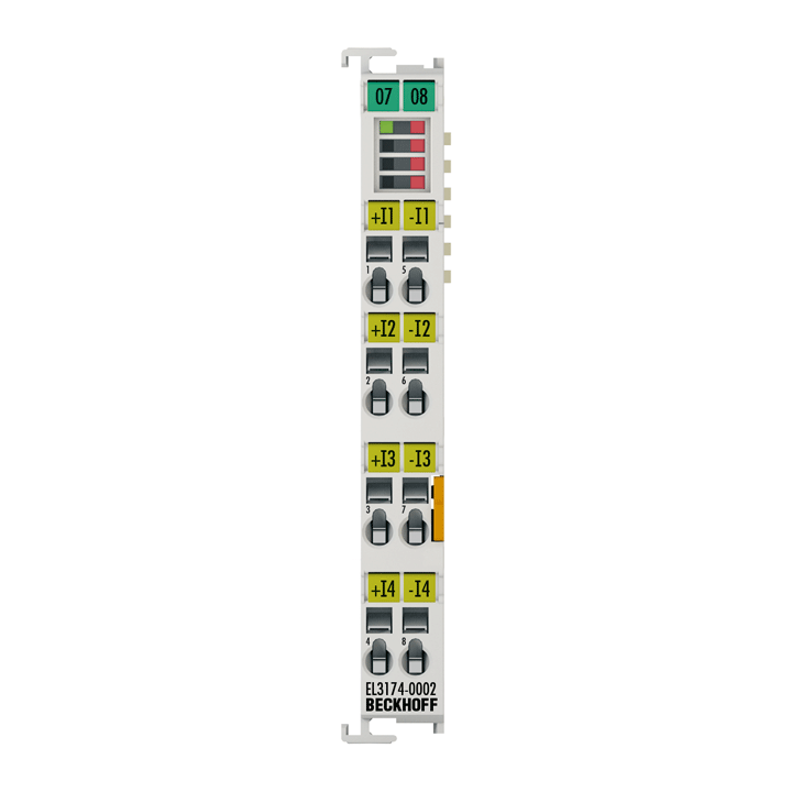 EL3174-0002 | EtherCAT-Klemme, 4-Kanal-Analog-Eingang, Multifunktion, ±10 V, ±20 mA, 16 Bit, differentiell, galvanisch getrennt