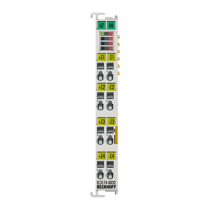 EL3174-0032 | EtherCAT Terminal, 4-channel analog input, multi-function, ±3 V, ±20 mA, 16 bit, differential, electrically isolated