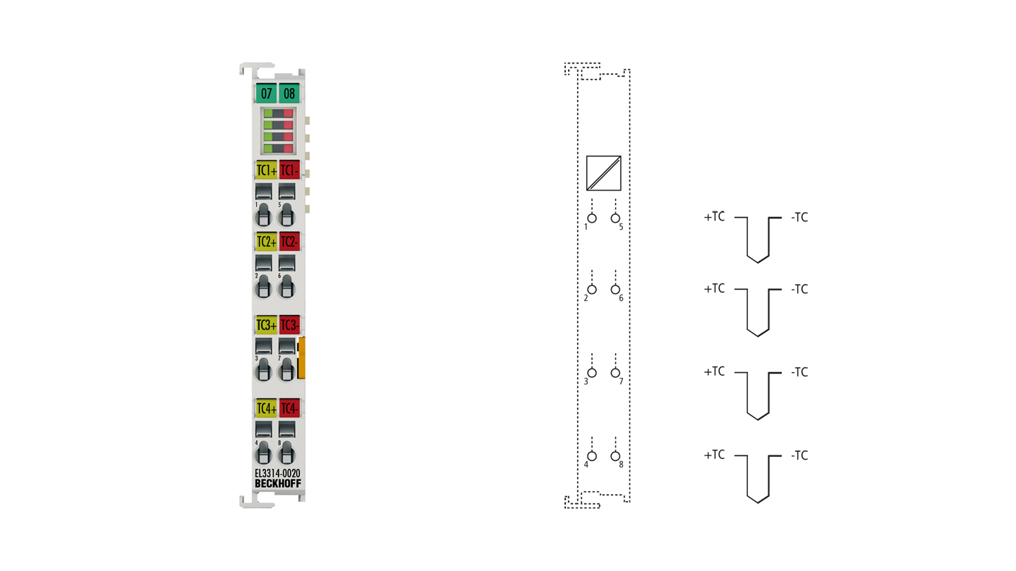 EL3314-0020 | EtherCAT 端子模块，4 通道模拟量输入，温度，热电偶，24 位，高精度，工厂校准