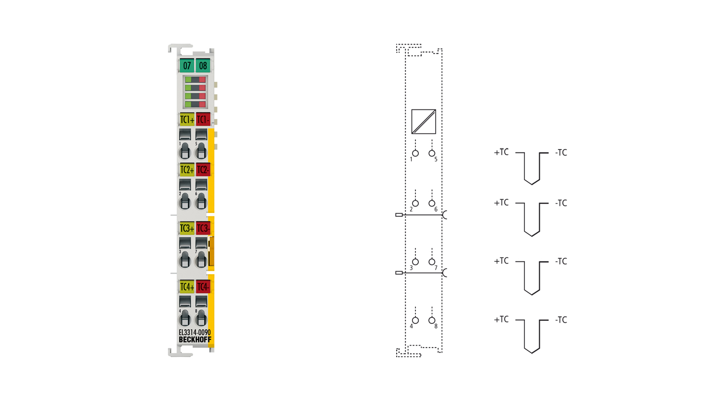 EL3314-0090 | EtherCAT Terminal, 4-channel analog input, temperature, thermocouple, 16 bit, TwinSAFE SC