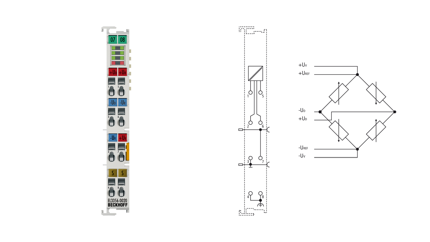 EL3356-0020 | EtherCAT Terminal, 1-channel analog input, measuring bridge, full bridge, 24 bit, high-precision, factory calibrated