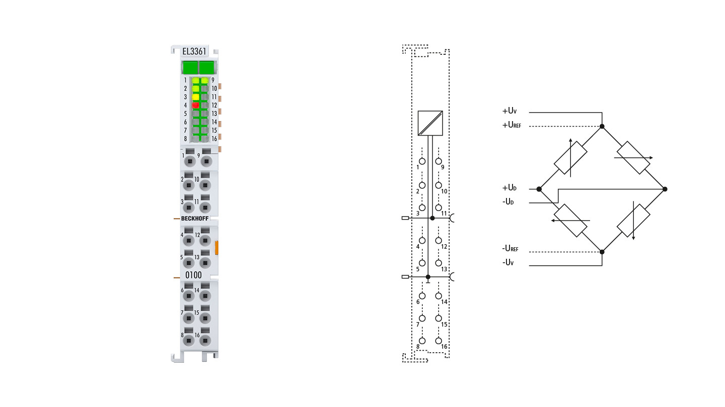 EL3361-0100 | EtherCAT-Klemme, 1-Kanal-Analog-Eingang, Messbrücke, Vollbrücke, 24 Bit, Sensorversorgung 10 V DC