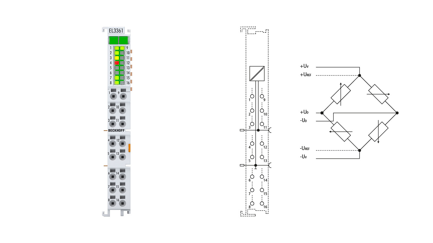 EL3361 | EtherCAT Terminal, 1-channel analog input, measuring bridge, full bridge, 24 bit, sensor supply 5/10 V DC, with 1 x digital input, 1 x digital output