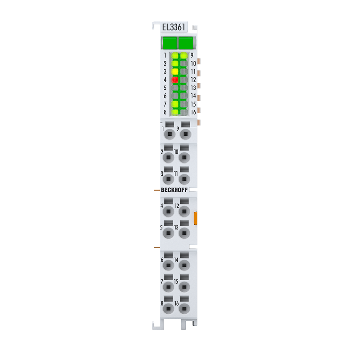 EL3361 | EtherCAT-Klemme, 1-Kanal-Analog-Eingang, Messbrücke, Vollbrücke, 24 Bit, Sensorversorgung 5/10 V DC, mit 1 x Digital-Eingang, 1 x Digital-Ausgang