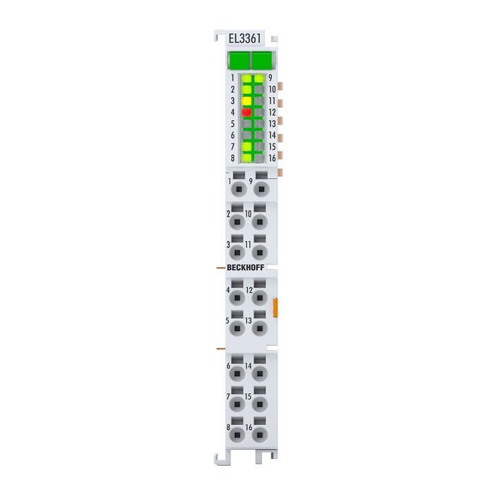 EL3361 | EtherCAT-Klemme, 1-Kanal-Analog-Eingang, Messbrücke, Vollbrücke, 24 Bit, Sensorversorgung 5/10 V DC, mit 1 x Digital-Eingang, 1 x Digital-Ausgang