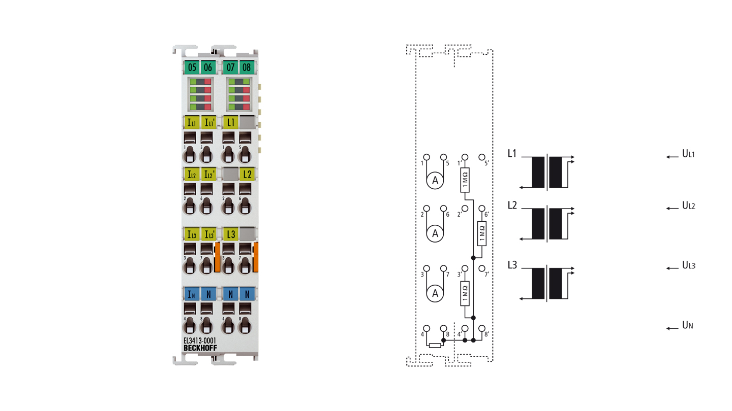 EL3413-0001 | EtherCAT Terminal, 3-channel analog input, power measurement, 600 V AC, 1/5 A, 16 bit, electrically isolated (service phase)