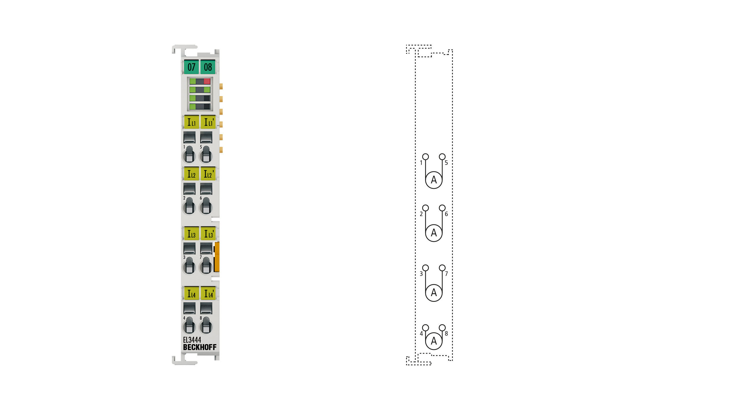 EL3444 | EtherCAT Terminal, 4-channel analog input, current, 10 A AC/DC, 24 bit, distributed power measurement, electrically isolated