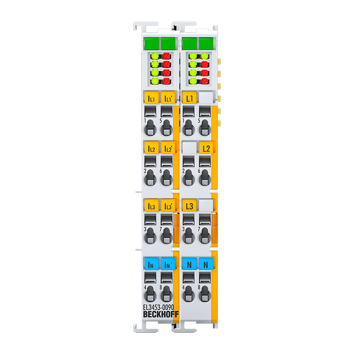 EL3453-0090 | EtherCAT Terminal, 3-channel analog input, power measurement, 690 V AC, 0.1/1/5 A, 24 bit, electrically isolated, TwinSAFE SC