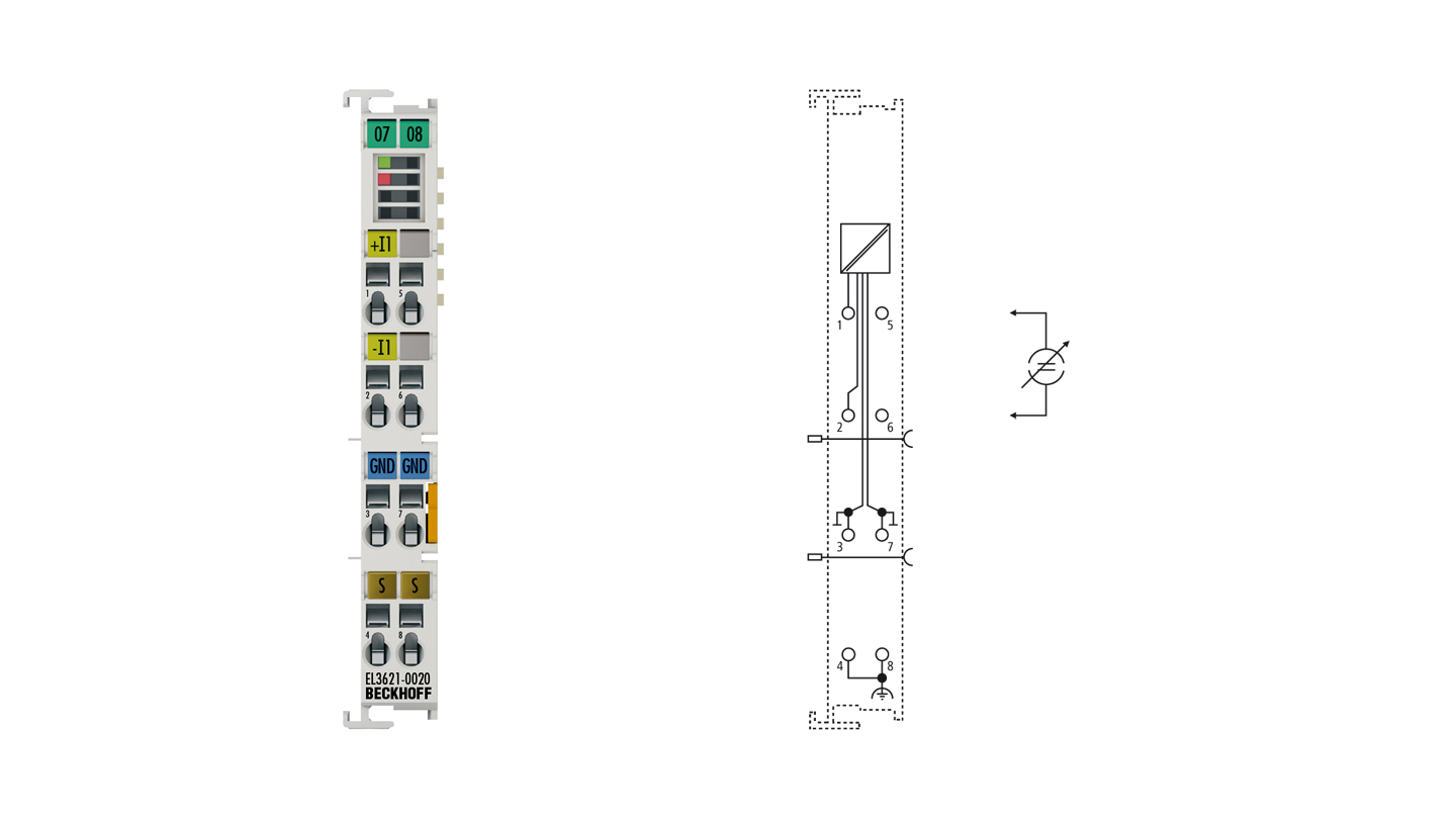 EL3621-0020 | EtherCAT Terminal, 1-channel analog input, current, 4…20 mA, 24 bit, high-precision, factory calibrated