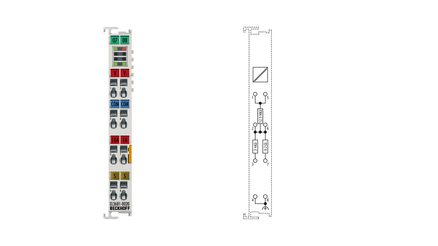 EL3681-0020 | EtherCAT Terminal, 1-channel analog input, multimeter, 300 V AC/DC, 10 A, 19 bit, factory calibrated