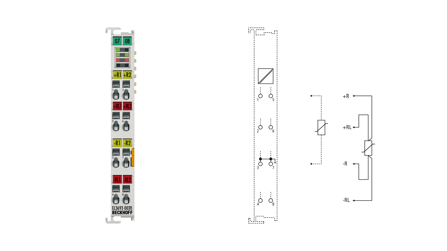 EL3692-0020 | EtherCAT-Klemme, 2-Kanal-Analog-Eingang, Widerstand, 100 mΩ…10 MΩ, 24 Bit, werkskalibriert