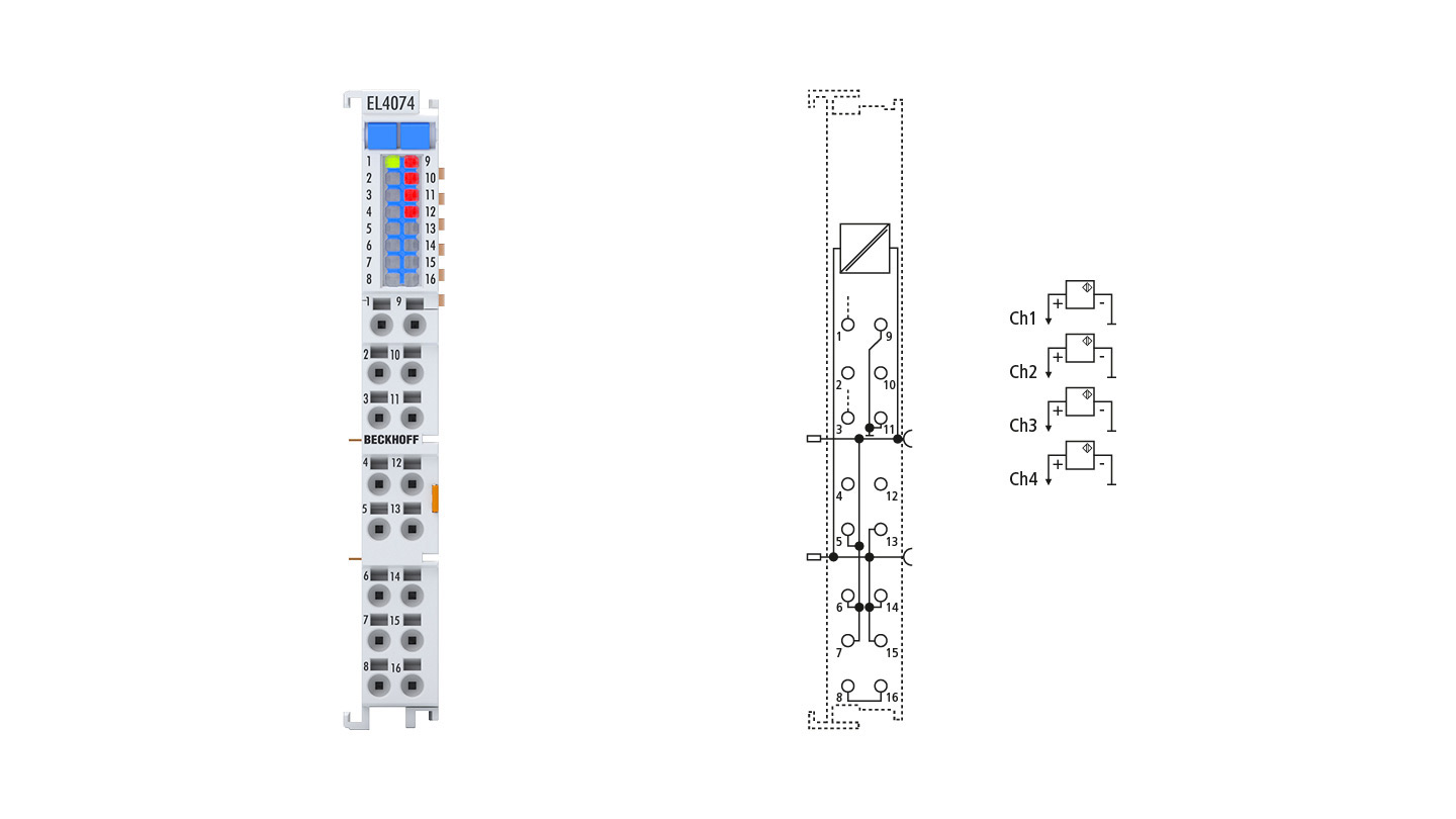 EL4074 | EtherCAT Terminal, 4-channel analog output, multi-function, ±10 V, ±20 mA, 16 bit, 2 ksps