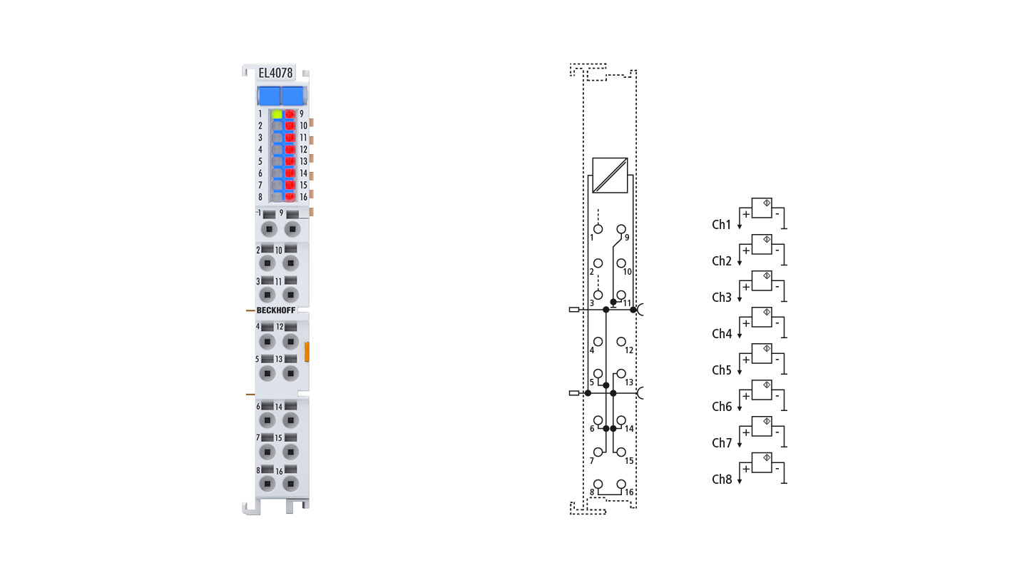 EL4078 | EtherCAT Terminal, 8-channel analog output, multi-function, ±10 V, ±20 mA, 16 bit, 2 ksps