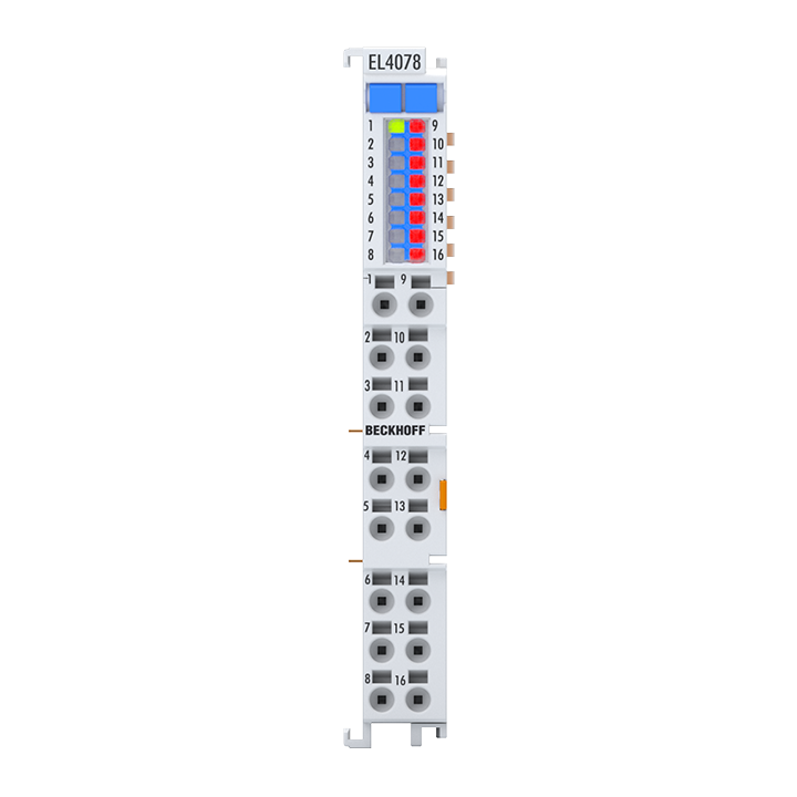 EL4078 | EtherCAT-Klemme, 8-Kanal-Analog-Ausgang, Multifunktion, ±10 V, ±20 mA, 16 Bit, 2 kSps