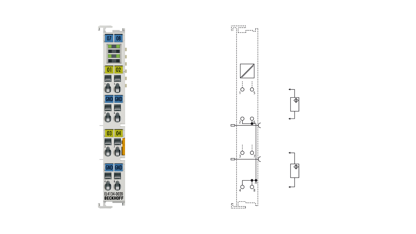 EL4134-0020 | EtherCAT Terminal, 4-channel analog output, voltage, ±10 V, 16 bit, factory calibrated