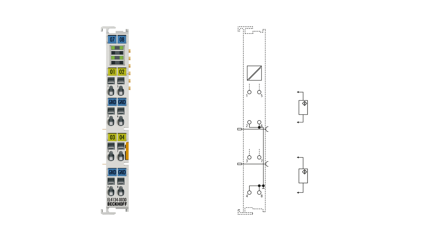 EL4134-0030 | EtherCAT-Klemme, 4-Kanal-Analog-Ausgang, Spannung, ±10 V, 16 Bit, extern kalibriert