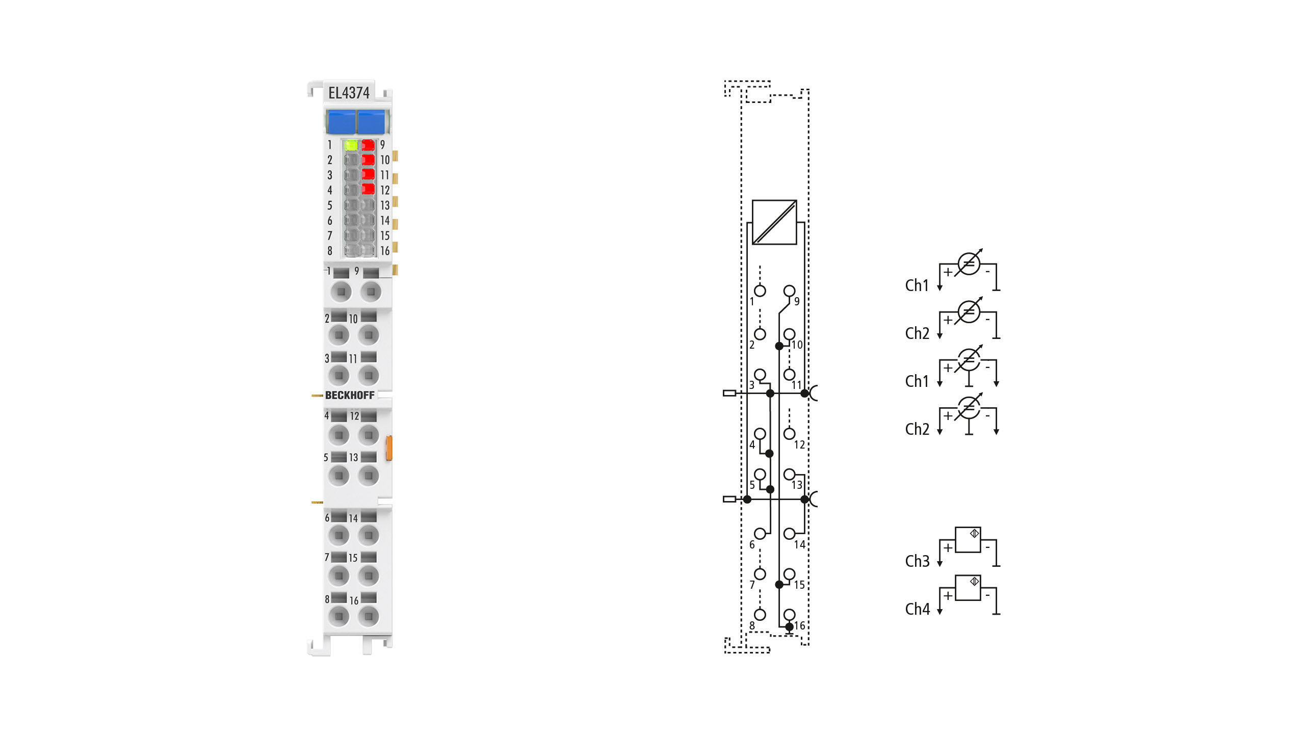 EL4374 | EtherCAT-Klemme, 2-Kanal-Analog-Eingang + 2-Kanal-Analog-Ausgang, Multifunktion, ±10 V, ±20 mA, 16 Bit, 2 kSps