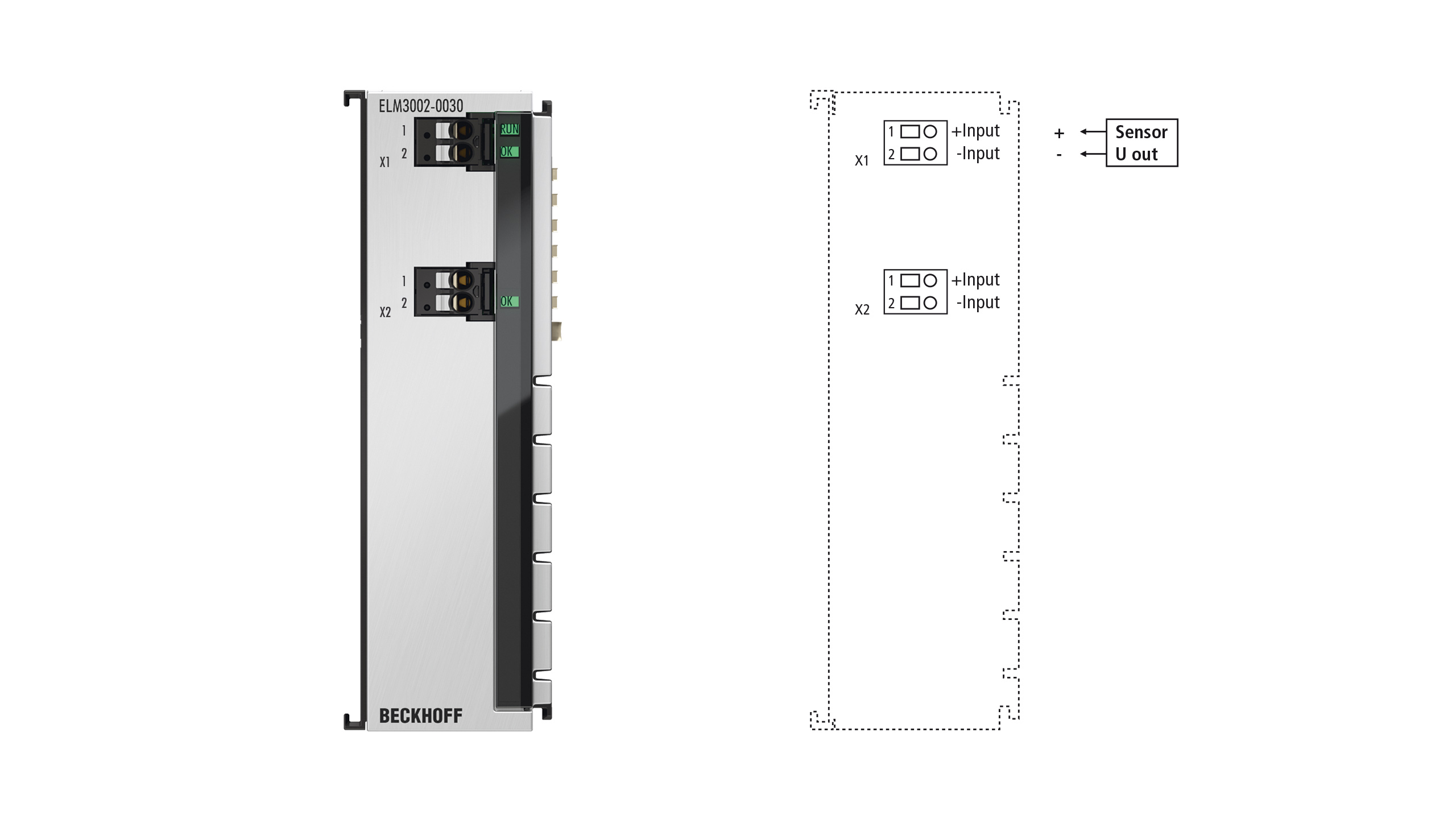 ELM3002-0030 | EtherCAT Terminal, 2-channel analog input, voltage, ±30 V…±20 mV, 24 bit, 20 ksps, externally calibrated