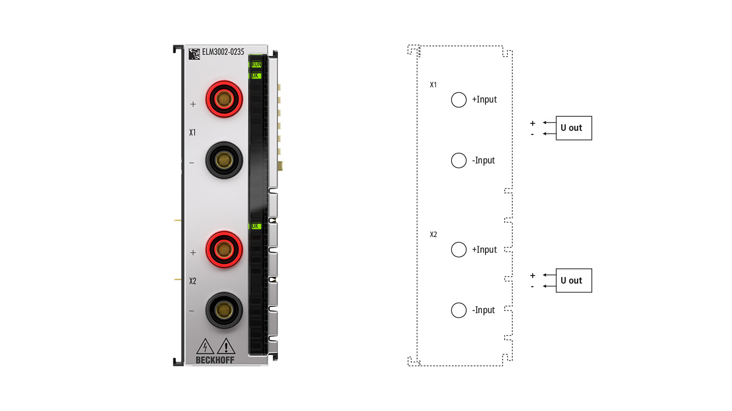 ELM3002-0235 | EtherCAT Terminal, 2-channel analog input, voltage, ±60 V…1200 V, 24 bit, 50 ksps, electrically isolated, 4 mm socket, externally calibrated