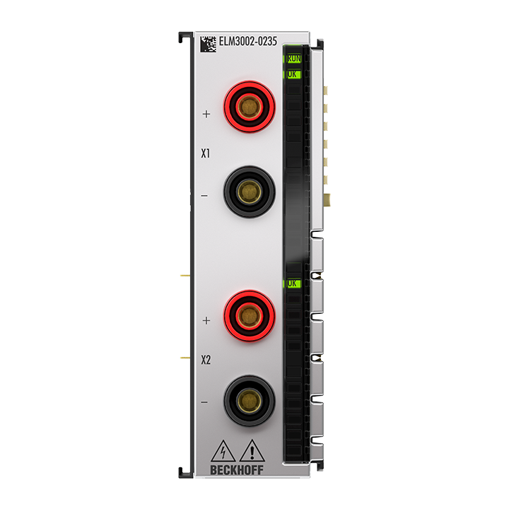 ELM3002-0235 | EtherCAT Terminal, 2-channel analog input, voltage, ±60 V…1200 V, 24 bit, 50 ksps, electrically isolated, 4 mm socket, externally calibrated