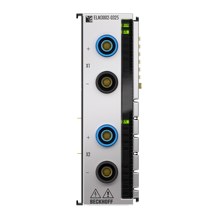 ELM3002-0325 | EtherCAT Terminal, 2-channel analog input, voltage, ±60 mV…5 V, 24 bit, 50 ksps, electrically isolated, 4 mm socket, factory calibrated