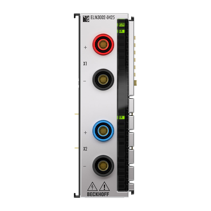 ELM3002-0425 | EtherCAT Terminal, 2-channel analog input, voltage, ±60 mV…5 V/±60 V…1200 V, 24 bit, 50 ksps, electrically isolated, 4 mm socket, factory calibrated