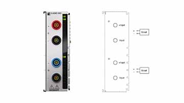 ELM3002-0425 | EtherCAT Terminal, 2-channel analog input, voltage, ±60 mV…5 V/±60 V…1200 V, 24 bit, 50 ksps, electrically isolated, 4 mm socket, factory calibrated