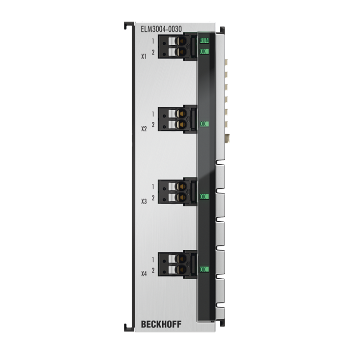 ELM3004-0030 | EtherCAT Terminal, 4-channel analog input, voltage, ±30 V…±20 mV, 24 bit, 10 ksps, externally calibrated