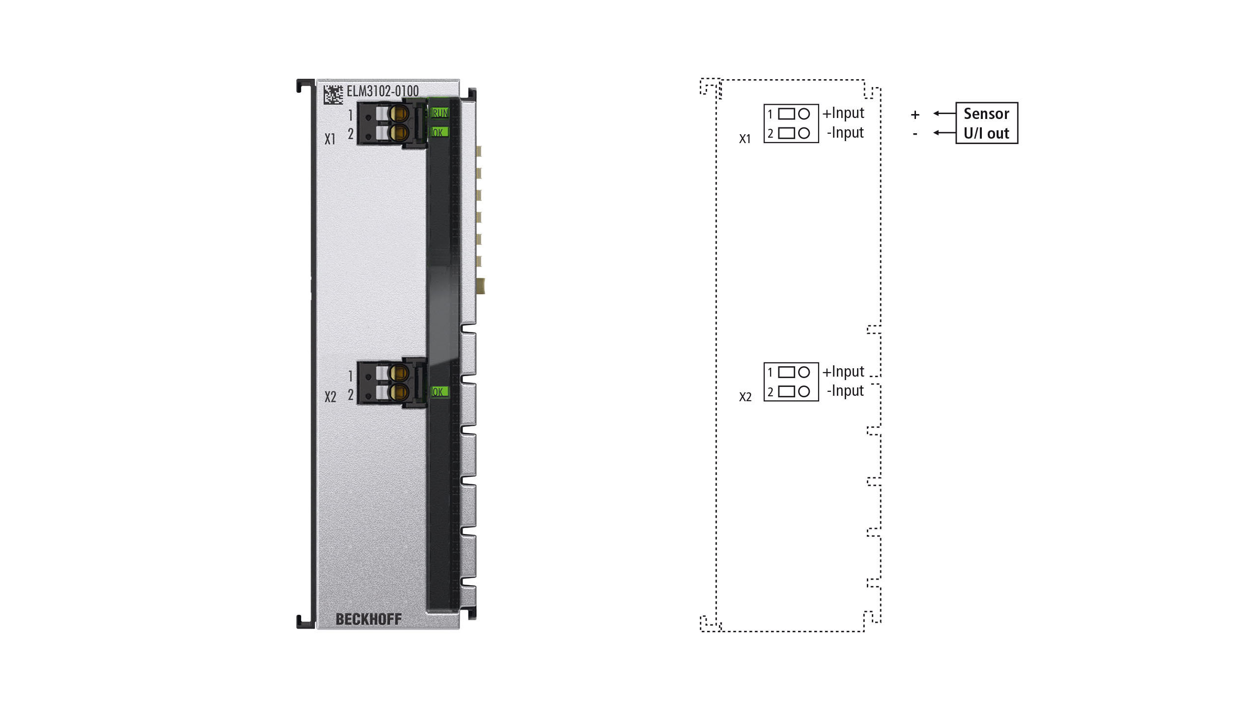 ELM3102-0100 | EtherCAT Terminal, 2-channel analog input, multi-function, ±60 V, ±20 mA, 24 bit, 20 ksps, electrically isolated