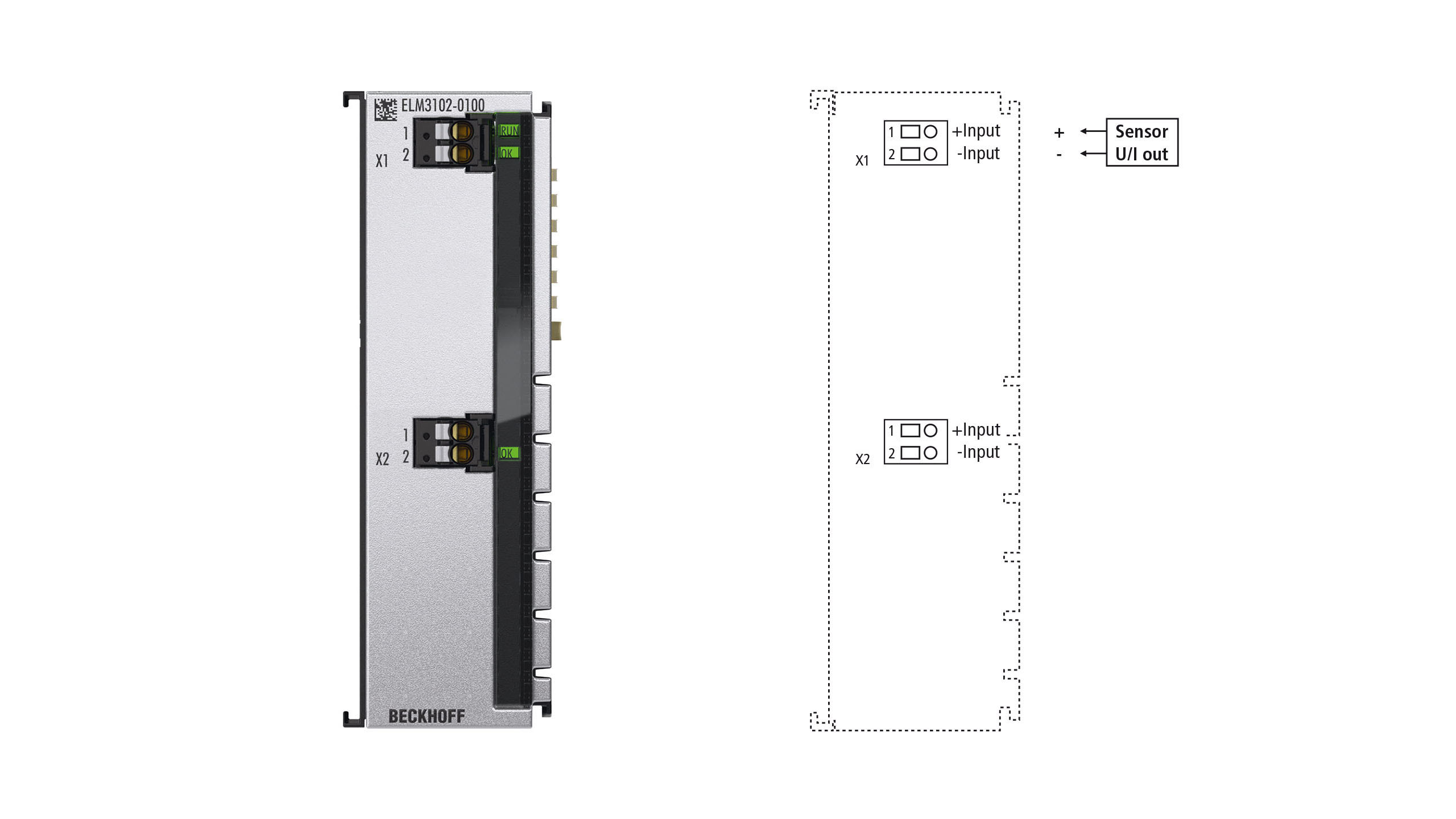 ELM3102-0100 | EtherCAT-Klemme, 2-Kanal-Analog-Eingang, Multifunktion, ±60 V, ±20 mA, 24 Bit, 20 kSps, galvanisch getrennt