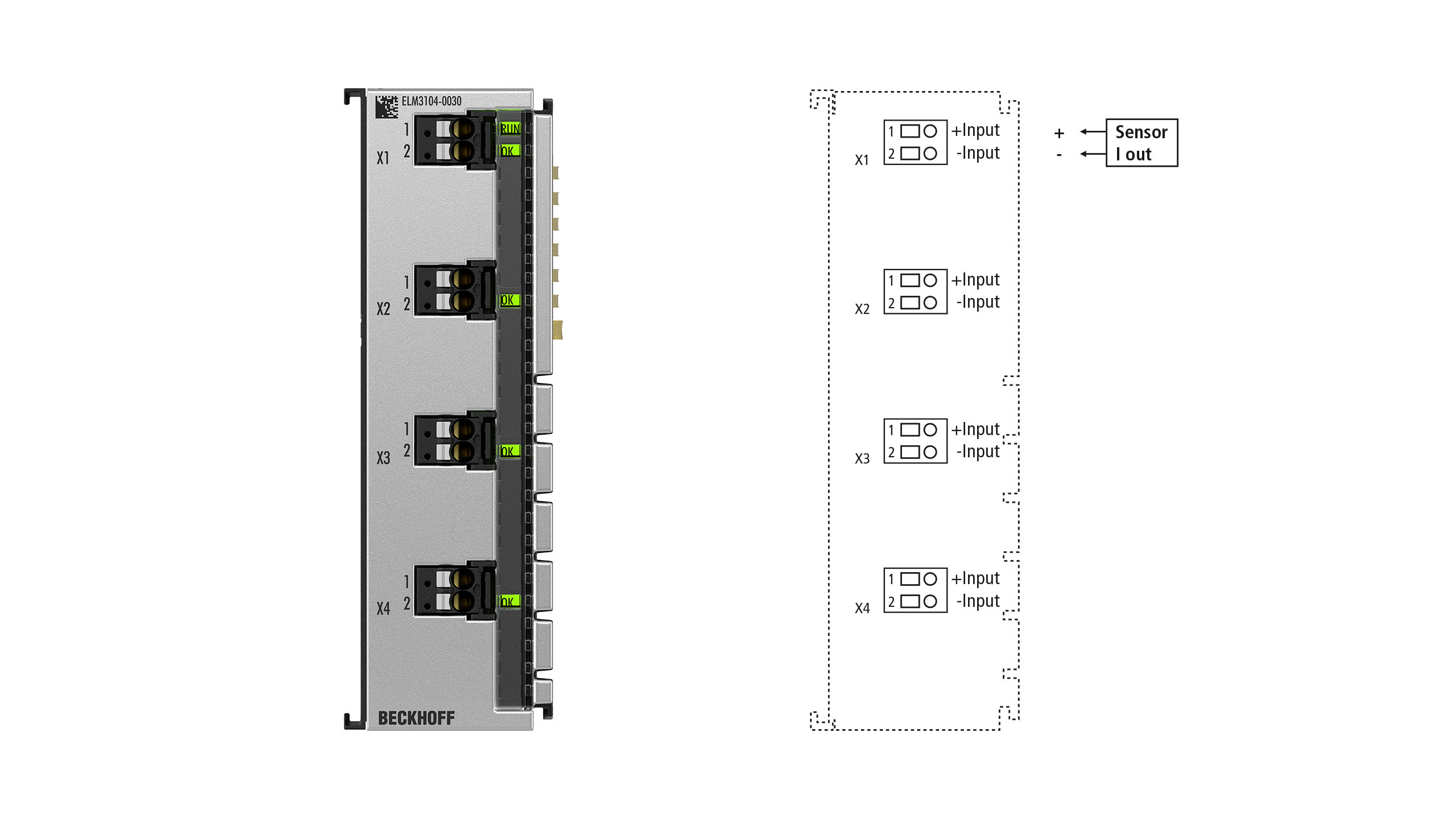 ELM3104-0030 | EtherCAT Terminal, 4-channel analog input, current, ±20 mA, 24 bit, 10 ksps, externally calibrated