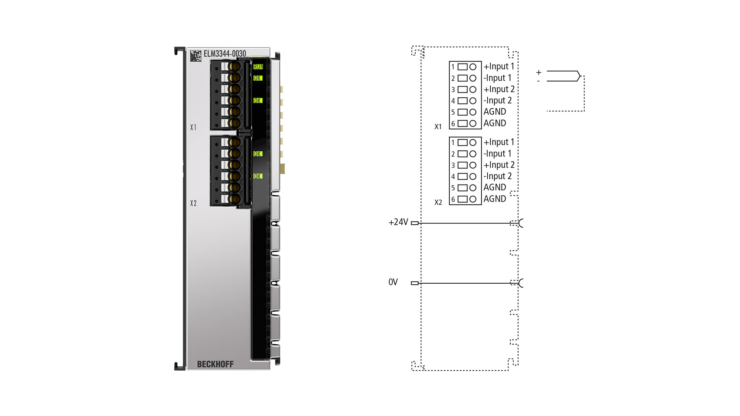 ELM3344-0030 | EtherCAT Terminal, 4-channel analog input, temperature, thermocouple, 24 bit, high-precision, 1 ksps, externally calibrated